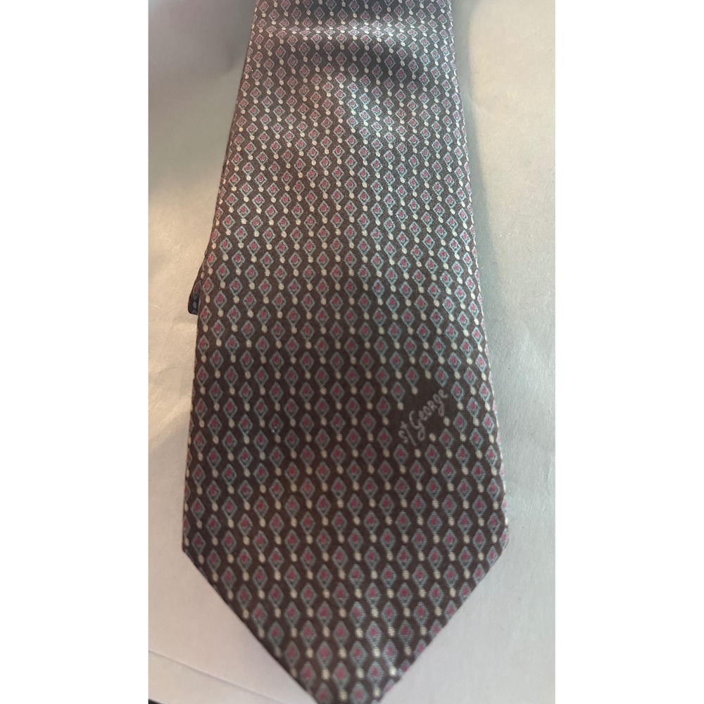 Allyn St George Mens Silk Tie Brown Geometric Diamond Pattern Vintage Necktie